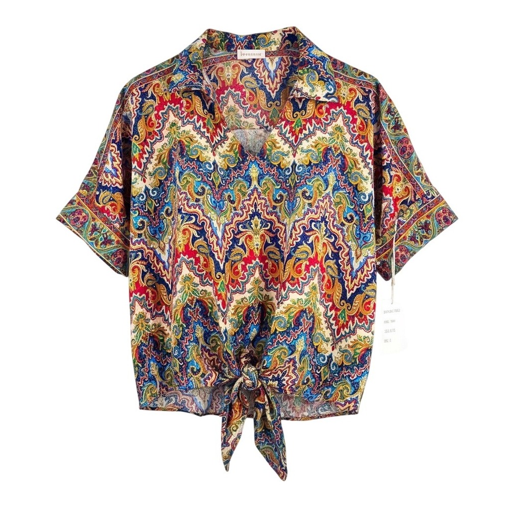 Boemo Paisley Tie Front blouse sz S Multicolor‎ Boho relaxed beachy retro